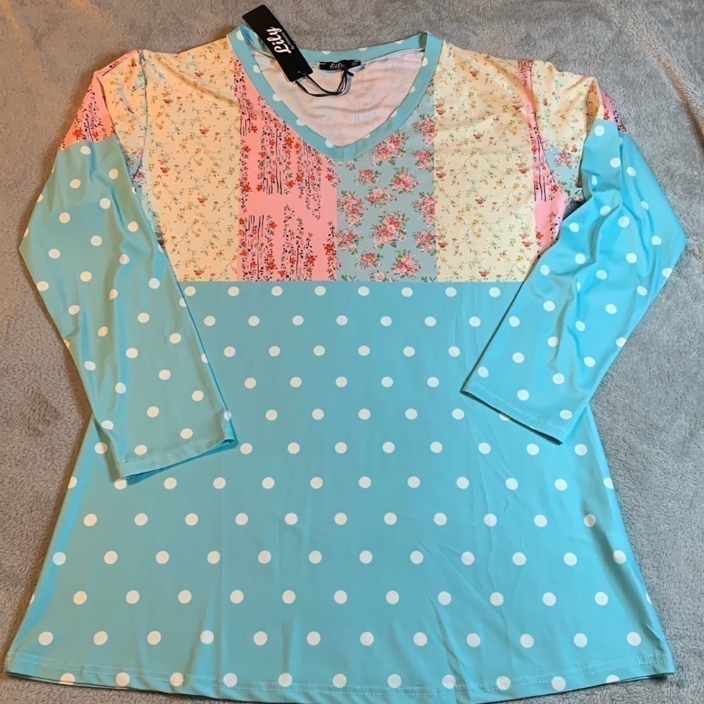 Lily by Firmiana Turquoise Polka Dot Floral Patchwork Top